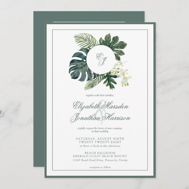 QR Code Tropisches Monstera Orchids Monogramm Foto Einladung (Vorne/Hinten)