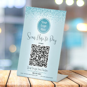 QR-Code Türkis Glitter Individuelles Logo Hier Zah Sockelschild