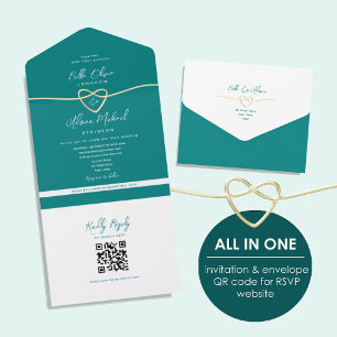 QR-Code Türkis Gold Herz Hochzeit All In One Einladung