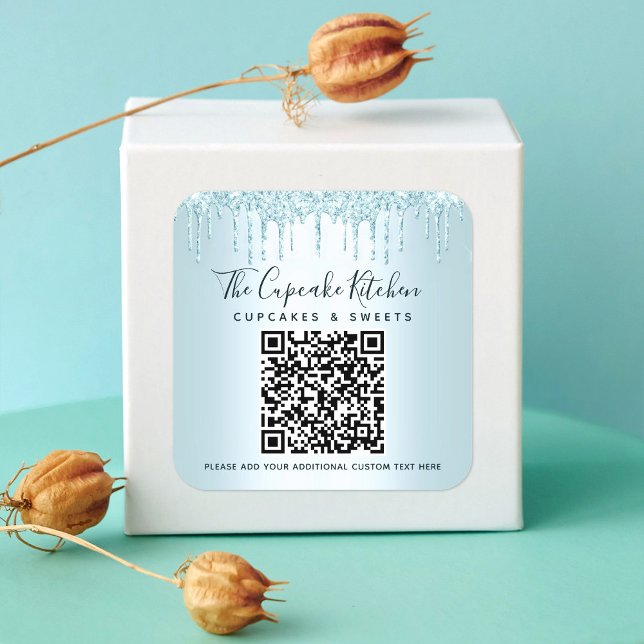 QR Code Turquoise Blue Glitzer Tropfen Firmenname Quadratischer Aufkleber (Von Creator hochgeladen)