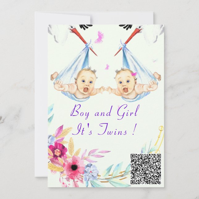QR Code Twins Boy and Girl Baby Shower Einladung (Rückseite)