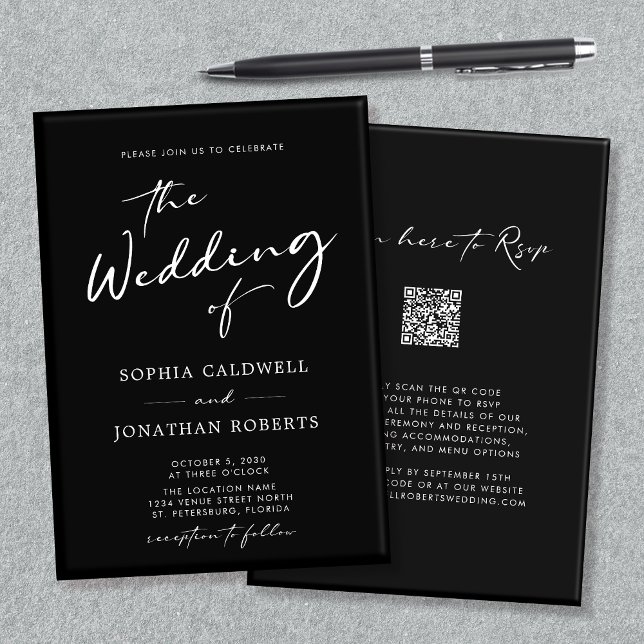 QR Code UAWG Calligraphy Black and White Wedding I Einladung (QR Code RSVP Modern Calligraphy Black and White Double Sided Wedding Invitation)