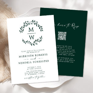 QR Code UAWG Emerald Green Monogram Wreath Wedding Einladung