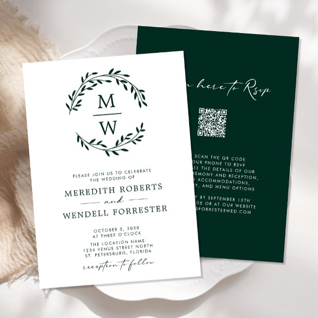 QR Code UAWG Emerald Green Monogram Wreath Wedding Einladung (Monogram Wreath Wedding Invitation QR Code RSVP in White and Emerald Green)