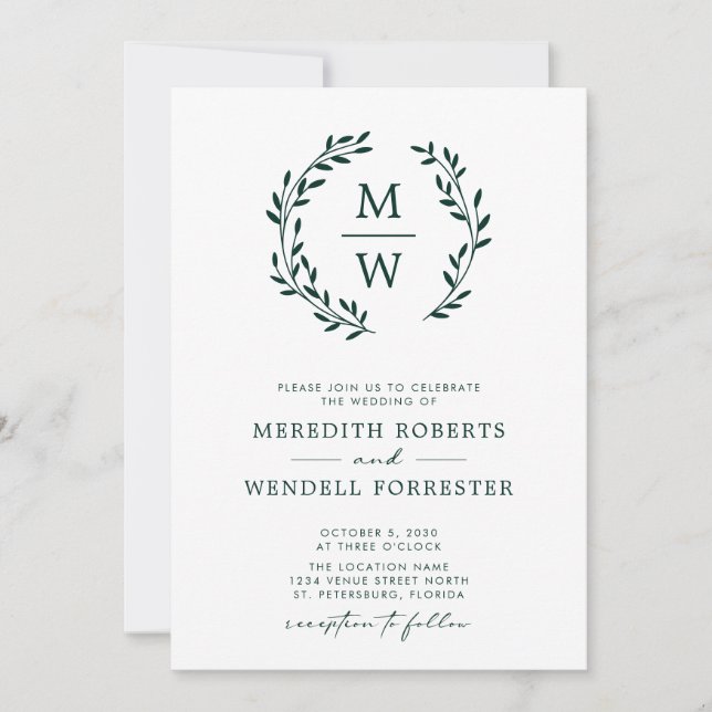 QR Code UAWG Emerald Green Monogram Wreath Wedding Einladung (Vorderseite)