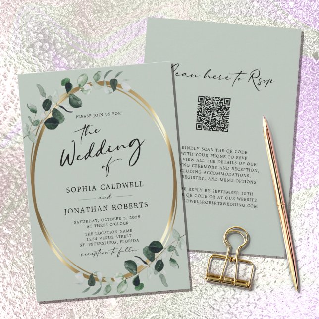 QR Code UAWG Eukalyptus Calligraphy Sage Wedding Einladung (Von Creator hochgeladen)
