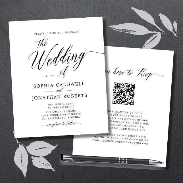 QR Code UAWG Kalligrafie Einladung (Budget Double Sided Wedding Invitation Elegant Calligraphy QR Code RSVP)