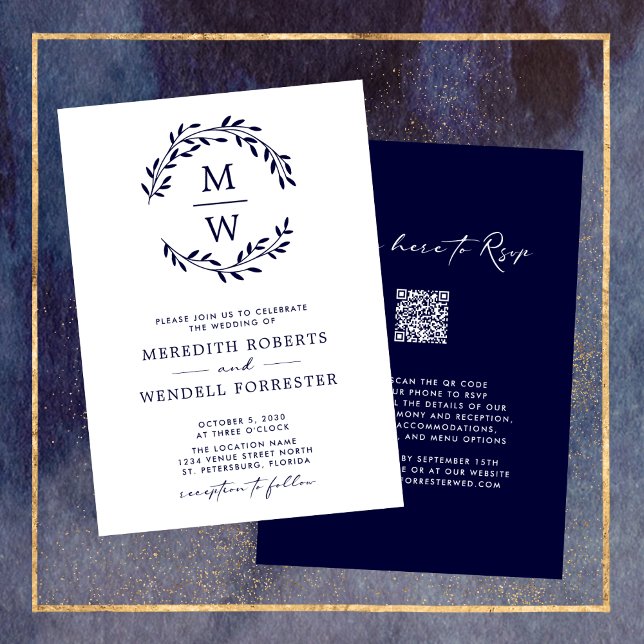 QR Code UAWG Navy Blue Monogram Wreath Wedding Einladung (Navy Blue Monogram Wreath QR Code RSVP Double Sided Wedding Invitation)