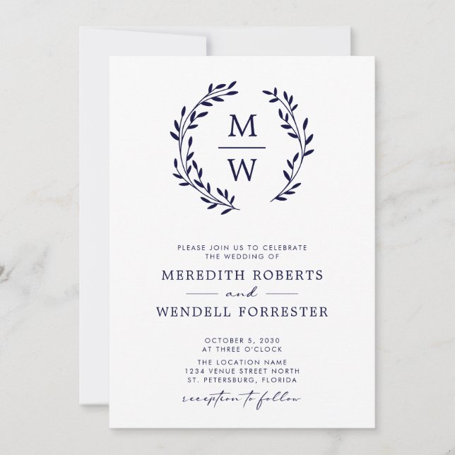 QR Code UAWG Navy Blue Monogram Wreath Wedding Einladung (Vorderseite)