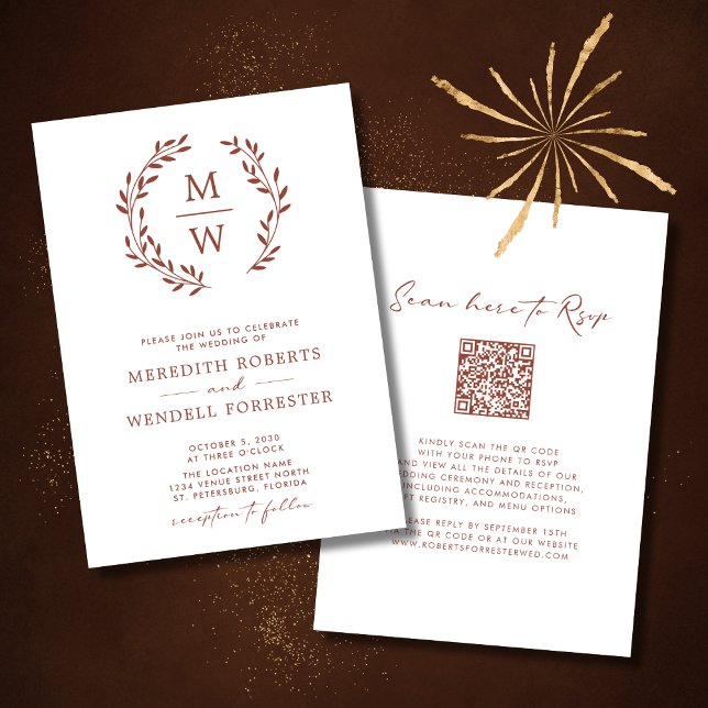 QR Code UAWG Terracotta Monogram Wreath Wedding Einladung (Wedding Invitation Terracotta Monogram Wreath QR Code White Background)