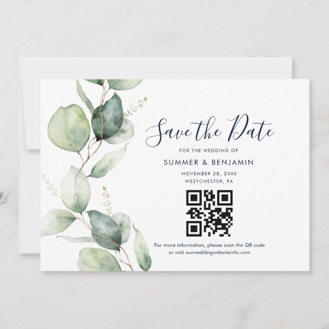 QR-Code und Eukalyptus-Grün-Hochzeit Save The Date (Vorderseite)