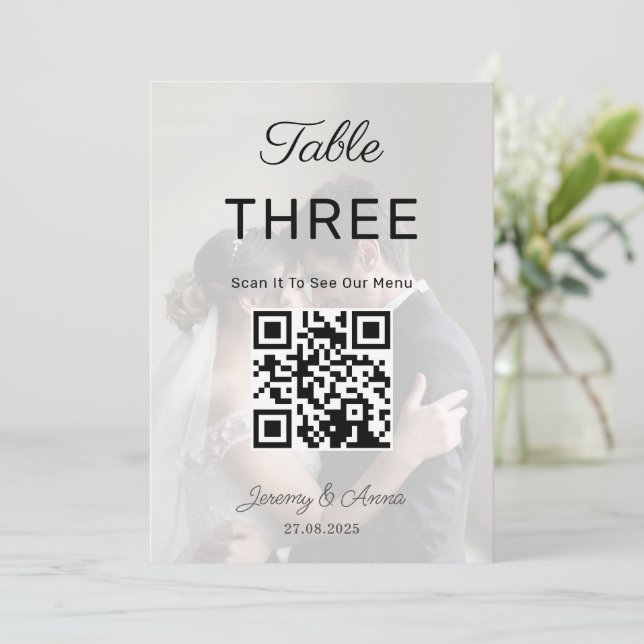 QR-Code und Foto Hochzeitsmenü-Tischnummernkarte (Stehend Vorderseite)