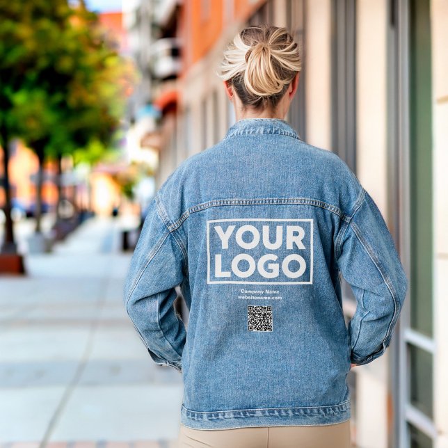 QR-Code und Text für kundenspezifische Firmenlogos Jeansjacke (Custom Business Logo QR Code and Text Denim Jacket in situ)