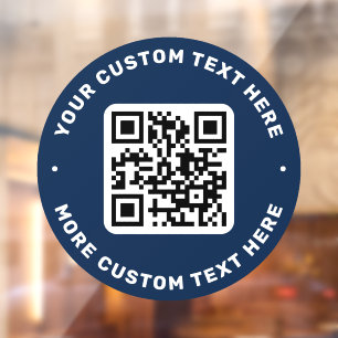 QR-Code und Text oben und unten dunkelblauer Kreis Fensteraufkleber