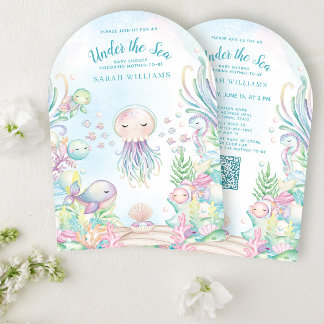 QR-Code unter der Sea Blue Watercolor Baby Shower Einladung