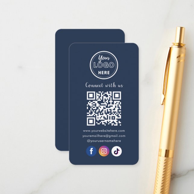 QR Code Verbindung mit US Social Media Navy Blue Begleitkarte (Vorderseite/Rückseite Beispiel)