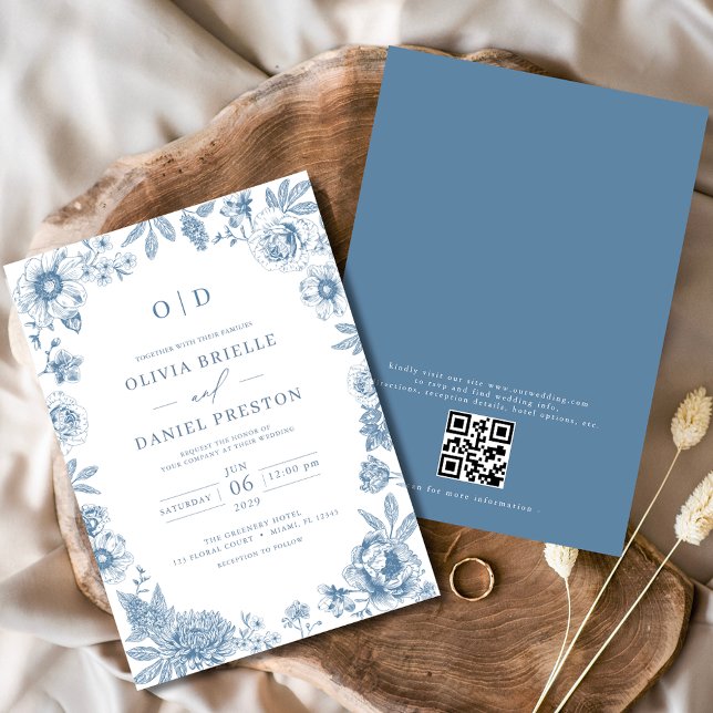 QR Code Viktorianisch Französisch Dusty Blue Weddi Einladung (Von Creator hochgeladen)