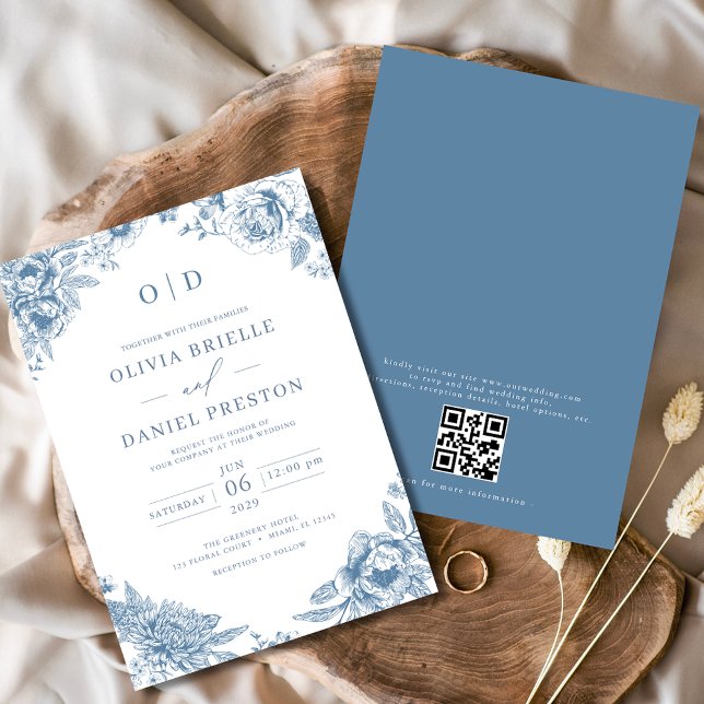 QR Code Viktorianisch Französisch Dusty Blue Weddi Einladung (Von Creator hochgeladen)