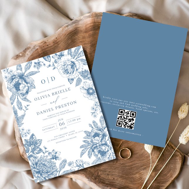 QR Code Viktorianisch Französisch Dusty Blue Weddi Einladung (Von Creator hochgeladen)