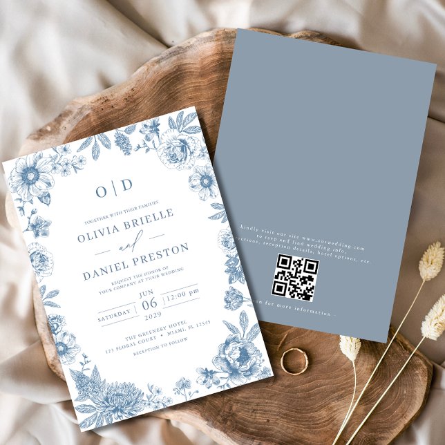 QR Code Viktorianisch Französisch Dusty Blue Weddi Einladung (Von Creator hochgeladen)