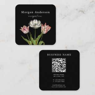 QR-Code Vintage Blume Black Square Business Card Quadratische Visitenkarte