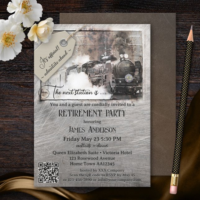 QR-Code Vintage-Zug Ruhestandsparty Einladung (Von Creator hochgeladen)