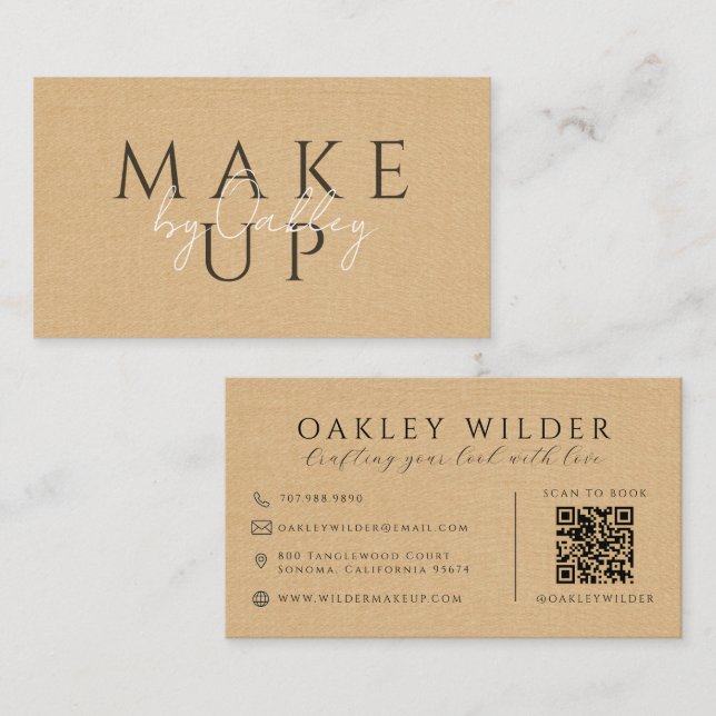 QR-Code Visagist Beige Faux-Leinen Visitenkarte (Vorne/Hinten)
