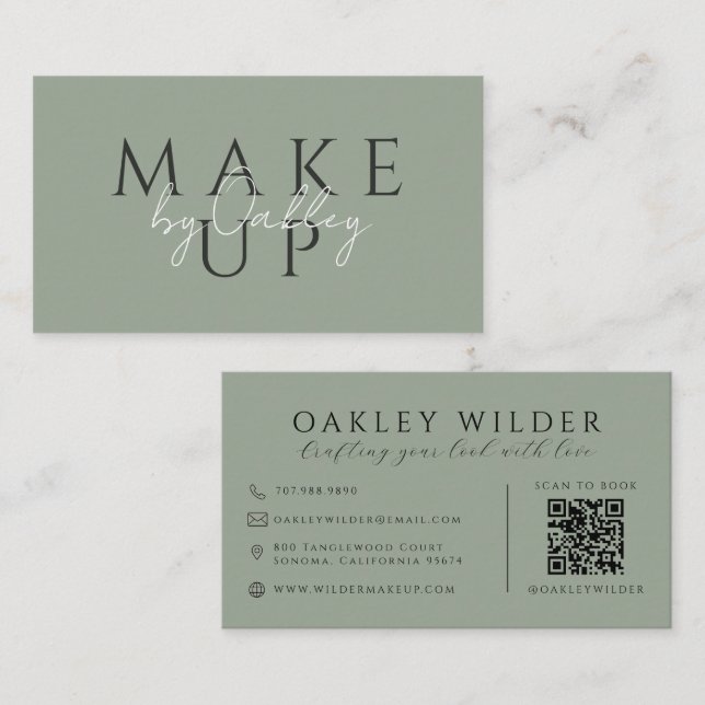 QR-Code Visagist Sage Green Visitenkarte (Vorne/Hinten)