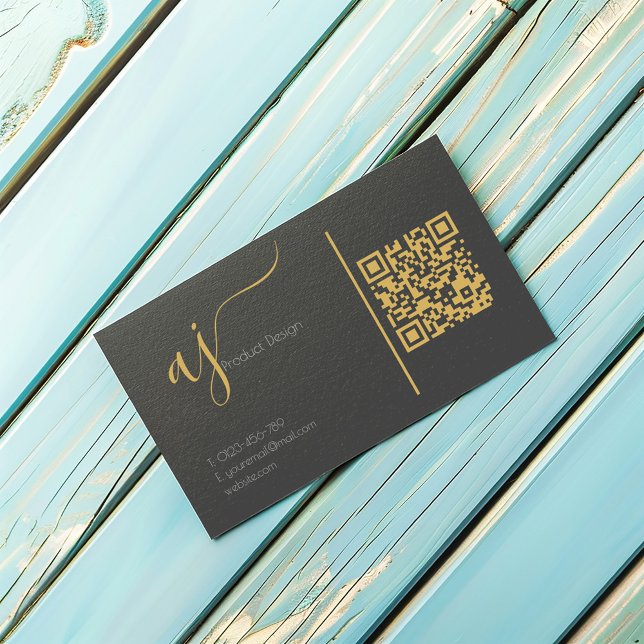 QR-Code-Visitenkarte für Grau und Gold Visitenkarte (Grey and gold coloured monogram QR code business card with space for your own QR code.)