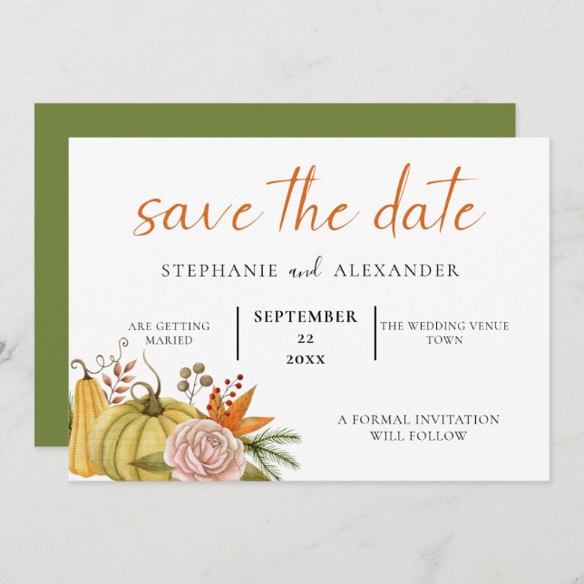 QR-Code von Autumn Pumpkin Floral Wedding Save The Date (Vorne/Hinten)
