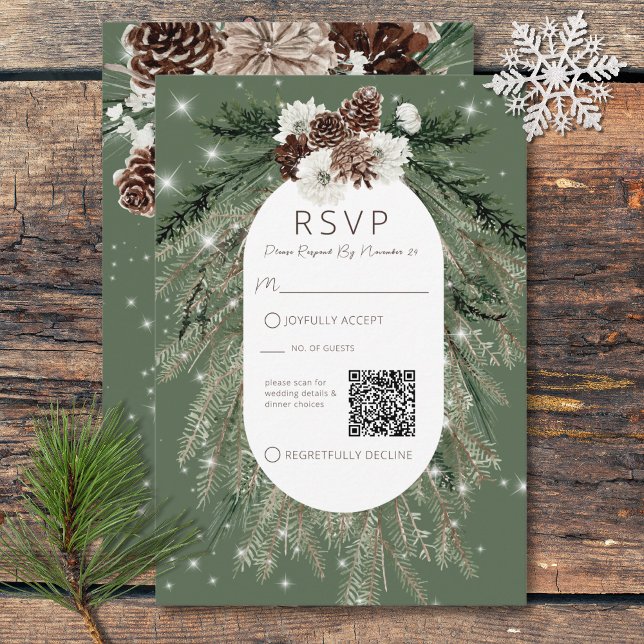 QR-Code von Boho Green Pine Winter Sparkle RSVP Karte (Boho Green Pine Winter Sparkle QR Code RSVP Card)