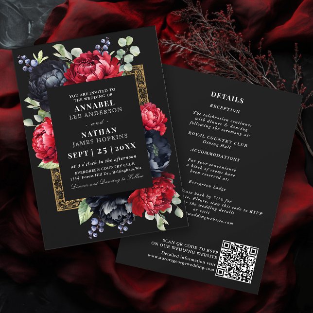 QR-Code von Moody Red and Black Elegant Floral Wed Einladung (Von Creator hochgeladen)