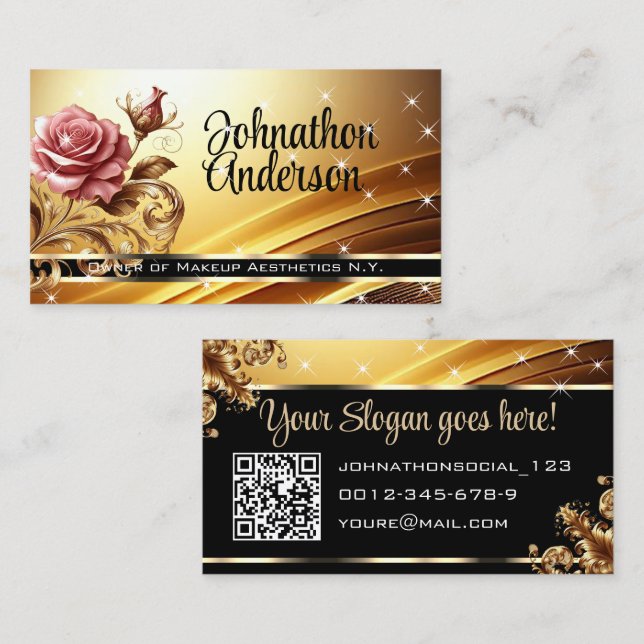 QR-Code-Vorlage Deluxe Golden Rose Luxury Chic Visitenkarte (Vorne/Hinten)
