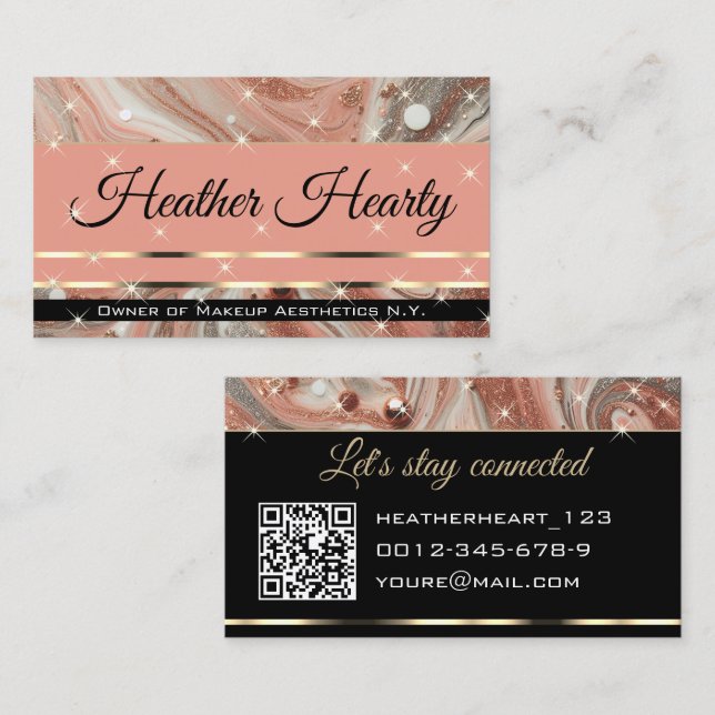QR-Code-Vorlage Luxus marmorierter Glitzer Peach Visitenkarte (Vorne/Hinten)
