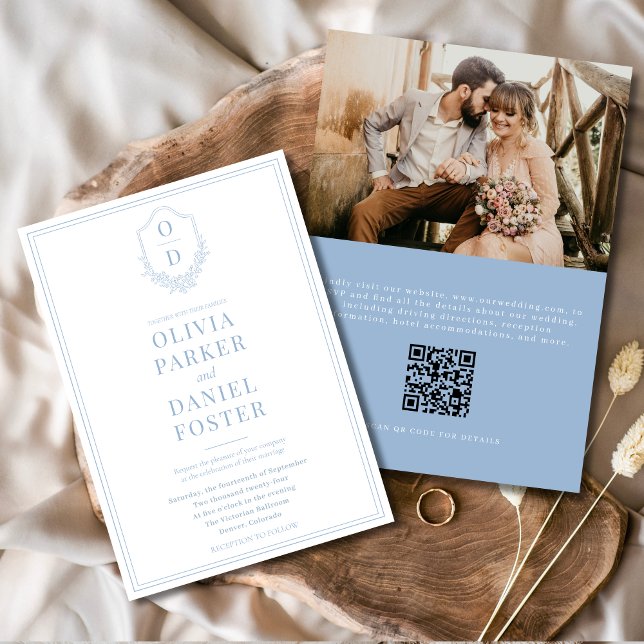QR Code Wappen Dusty Blue Foto Moderne Hochzeit Einladung (Von Creator hochgeladen)