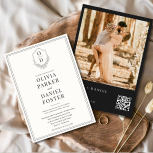 QR Code Wappen Schwarz/Weiß Foto Moderne Hochzeit Einladung