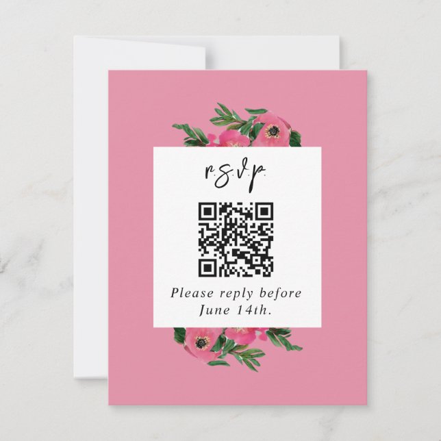 QR Code Wasserfarbe Anemone Rosa Hochzeit RSVP Karte (Vorderseite)