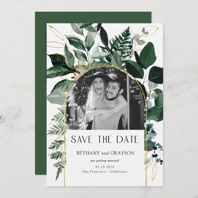 QR Code Wasserfarbe botanisches Blattwerk Hochzeit Save The Date (Vorne/Hinten)