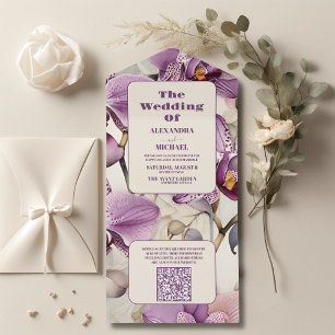 QR Code Wasserfarbe Lila Orchid-Hochzeit All In One Einladung