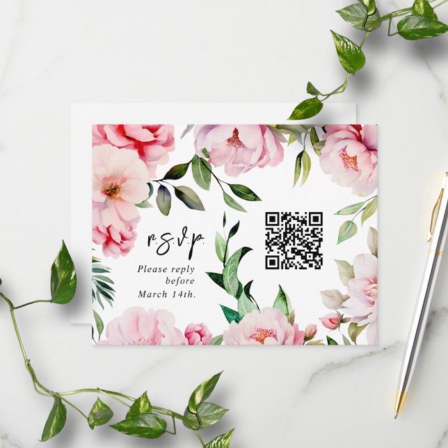 QR Code Wasserfarbe Rosa Peony Wedding RSVP (Von Creator hochgeladen)