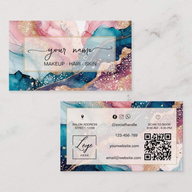 Qr-Code Wasserfarbe und irisierendes Rosa Visitenkarte (Vorne/Hinten)