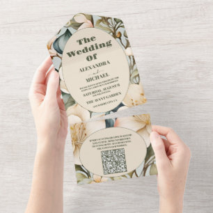 QR-Code-Wasserfarbe Weiße Lilie Art Nouveau Hochze All In One Einladung