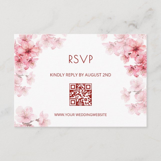 QR-Code | Wasserfarben-Kirschblüten-RSVP Begleitkarte (Vorderseite)