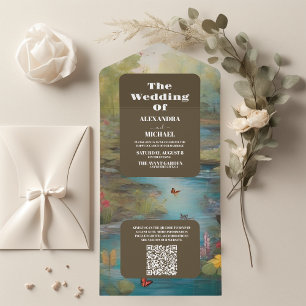 QR Code Wasserfarbenfrohe Frühlingsgebirge Hochzei All In One Einladung
