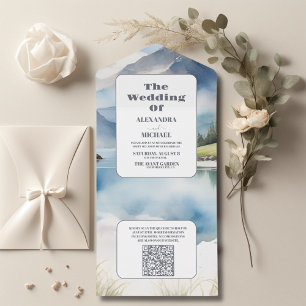 QR-Code Wasserfarbengebirge: Wiesen-Hochzeit All In One Einladung