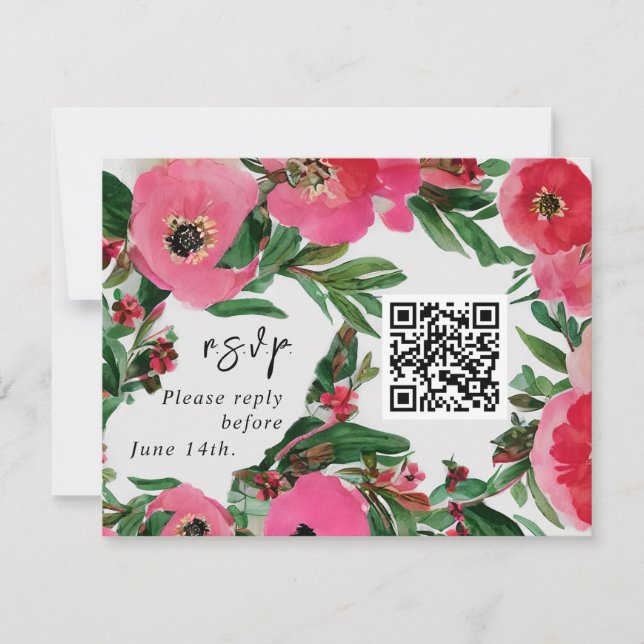 QR-Code Wasserfarbrosa Anemone Wedding RSVP (Vorderseite)