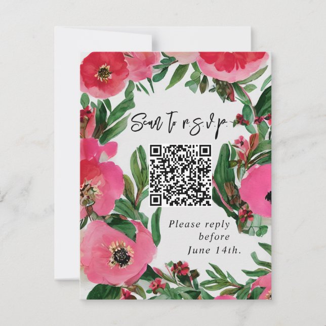 QR-Code Wasserfarbrosa Anemone Wedding RSVP Karte (Vorderseite)
