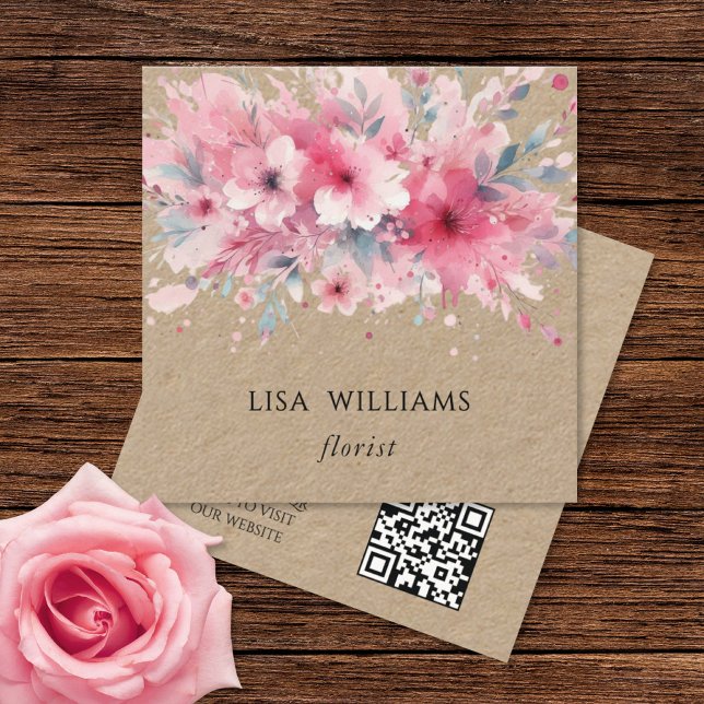 QR Code | Watercolor Pink Flowers Kraft Quadratische Visitenkarte (Von Creator hochgeladen)