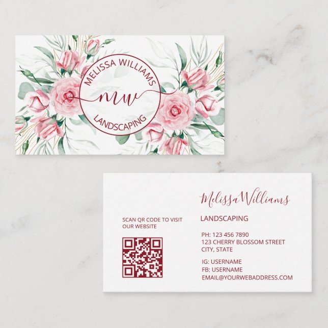 QR Code |  Watercolor Pink Roses Logo Visitenkarte (Vorne/Hinten)