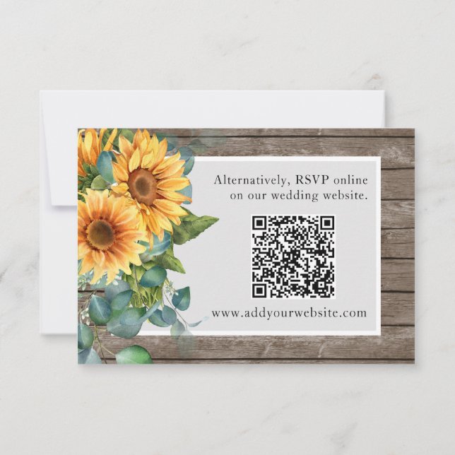 Qr Code Website Rustic Wood Sunflowers Wedding RSV RSVP Karte (Rückseite)